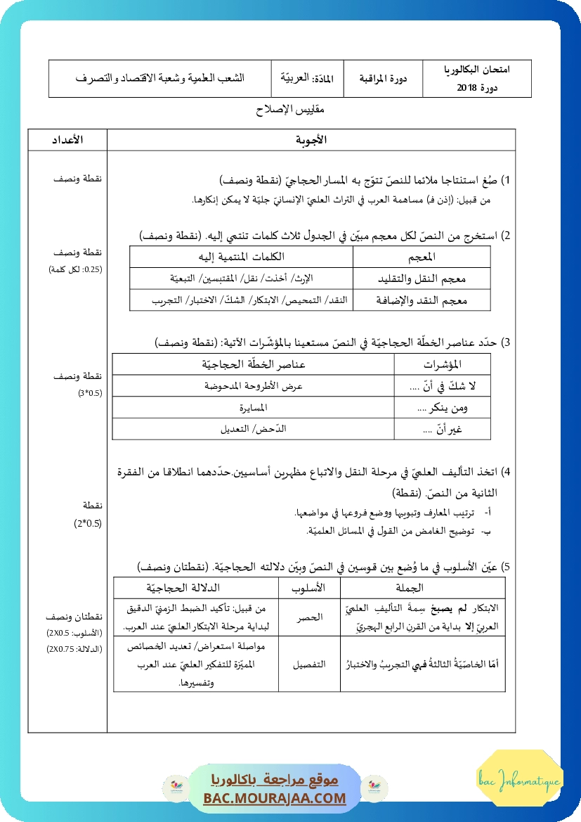 Corrigé controle arabe Bac 2018 – Section info